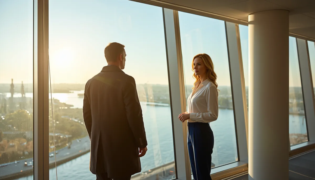 Two professionals by floor-to-ceiling office windows overlooking a sunlit harbor city, reflecting on the limits of copying Nordic leadership