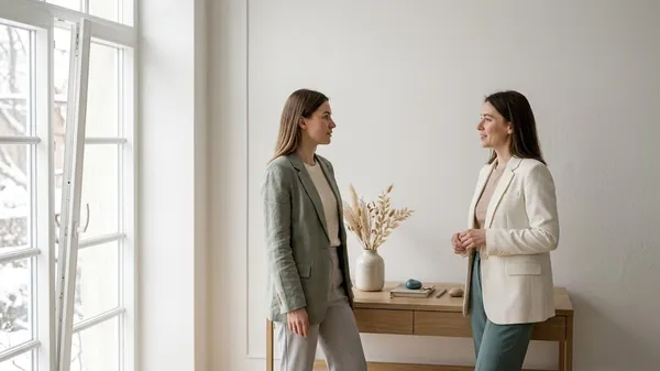 Two women in blazers talking beside a pale oak console table with a vase of dried grasses in a bright room with tall windows, illustrating a CEO in conversation with an advisor, coach, consultant or mentor