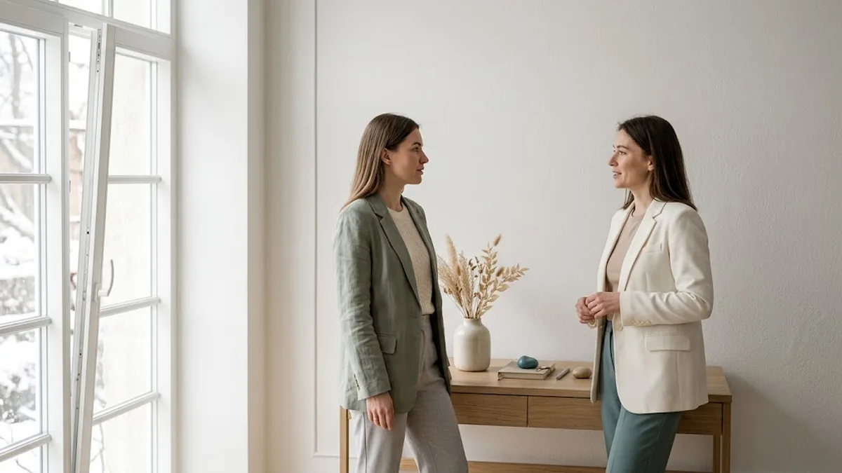 Two women in blazers talking beside a pale oak console table with a vase of dried grasses in a bright room with tall windows, illustrating a CEO in conversation with an advisor, coach, consultant or mentor