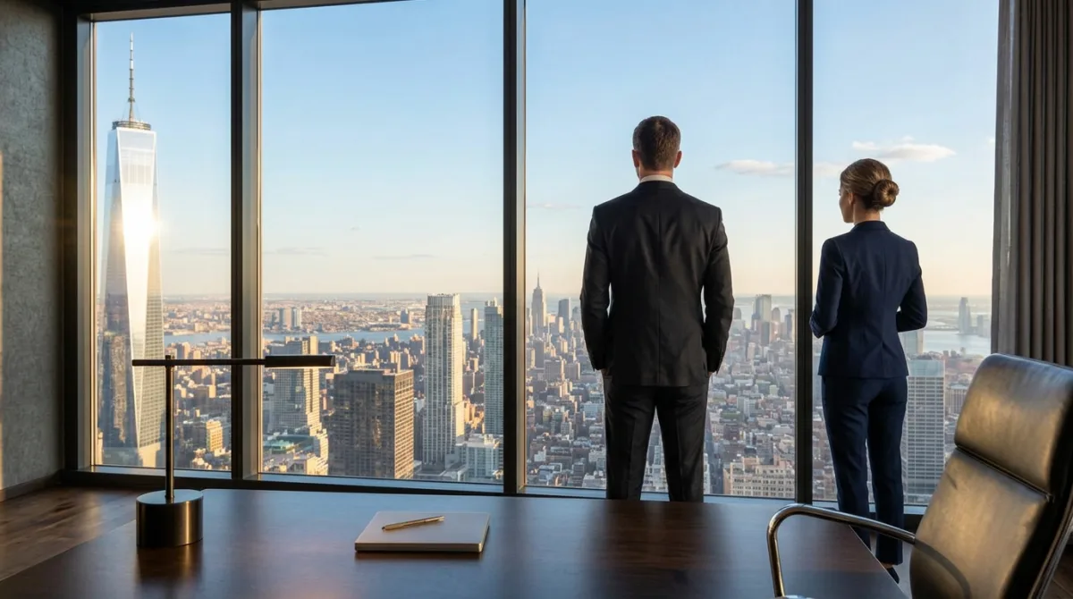 Two executives in suits looking out a high-rise office window over a city skyline, comparing CEO coaching versus executive coaching for CEOs