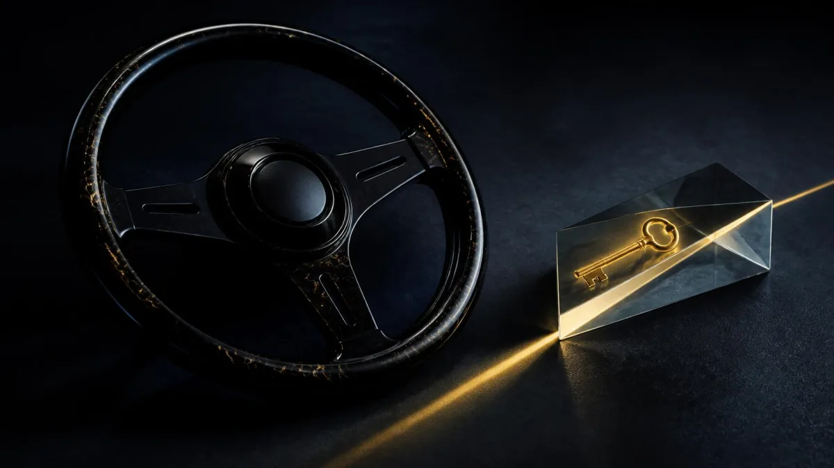 A sleek obsidian steering wheel beside a golden key set inside a glass prism on a dark surface, evoking taking control and unlocking value through CEO coaching