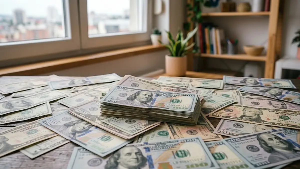 A stack of hundred dollar bills on a wooden table covered in spread-out banknotes, in a bright room with a window, a plant and a bookshelf, illustrating chief of staff salary and what companies pay