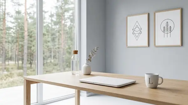A minimalist office with a closed white laptop, a glass water bottle, a vase with a eucalyptus sprig and a mug on a pale oak desk beside a floor-to-ceiling window onto a pine forest, illustrating the clear desk a chief of staff gives a CEO