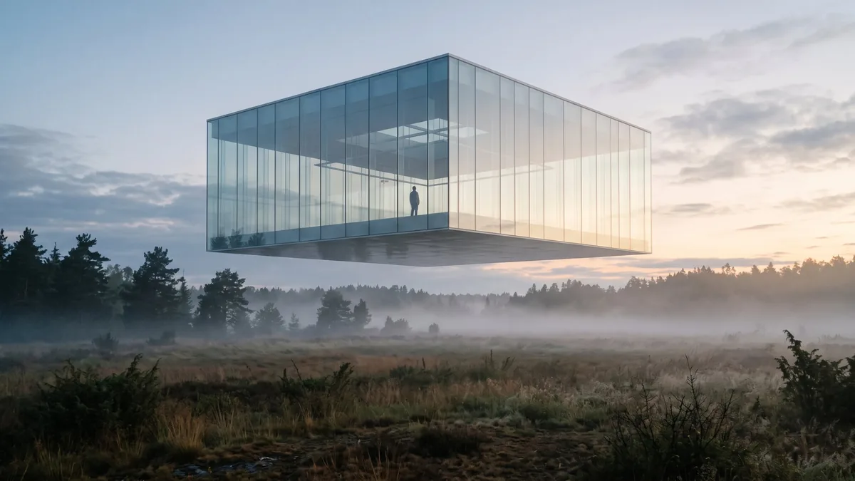 Lone figure standing inside a glass building floating above a misty field at dawn, a CEO at the top with no second seat filled