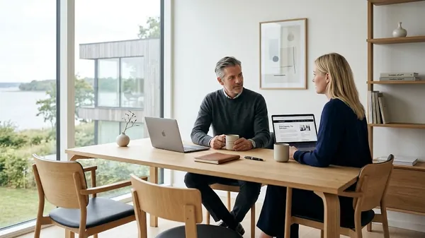 A manager and a team member in a one-on-one at an oak table in a bright Nordic office, laptops open and a notebook and pen between them, setting clear expectations and agreeing what done looks like before leaving the room