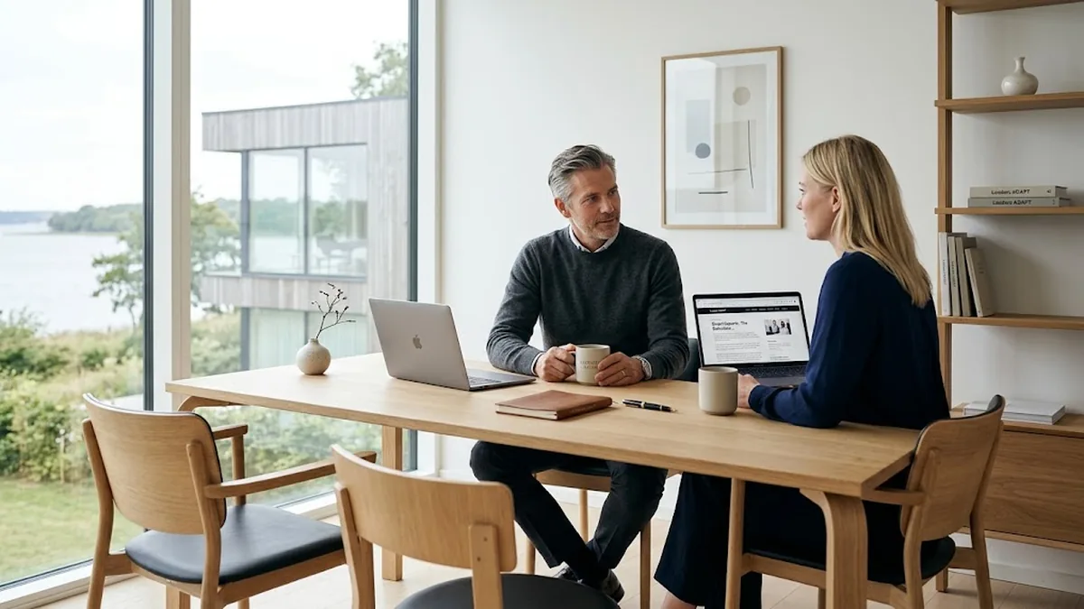 A manager and a team member in a one-on-one at an oak table in a bright Nordic office, laptops open and a notebook and pen between them, setting clear expectations and agreeing what done looks like before leaving the room