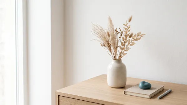 A cream ceramic vase of dried grasses on a pale oak sideboard beside a linen notebook, a blue stone and a pen in soft window light, illustrating the calm setup for a five minute coaching conversation when coaching employees