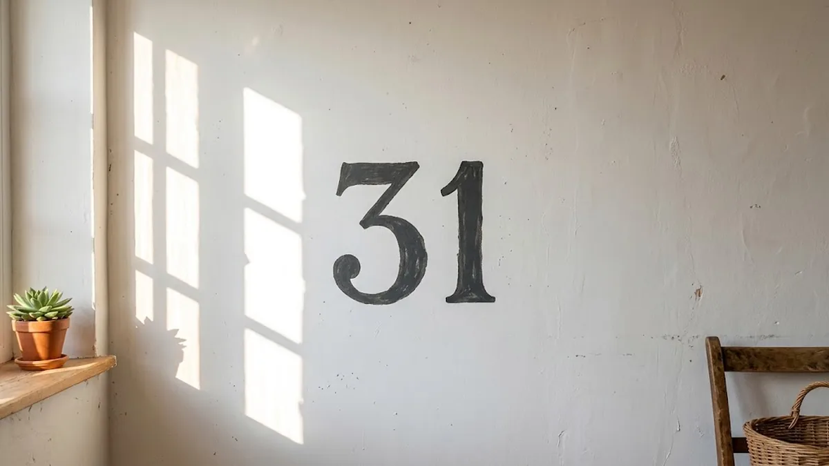 The number 31 hand-painted in black on a white plaster wall lit by window light, with a potted succulent on the sill and a wooden chair holding a wicker basket, illustrating 31 coaching questions for managers