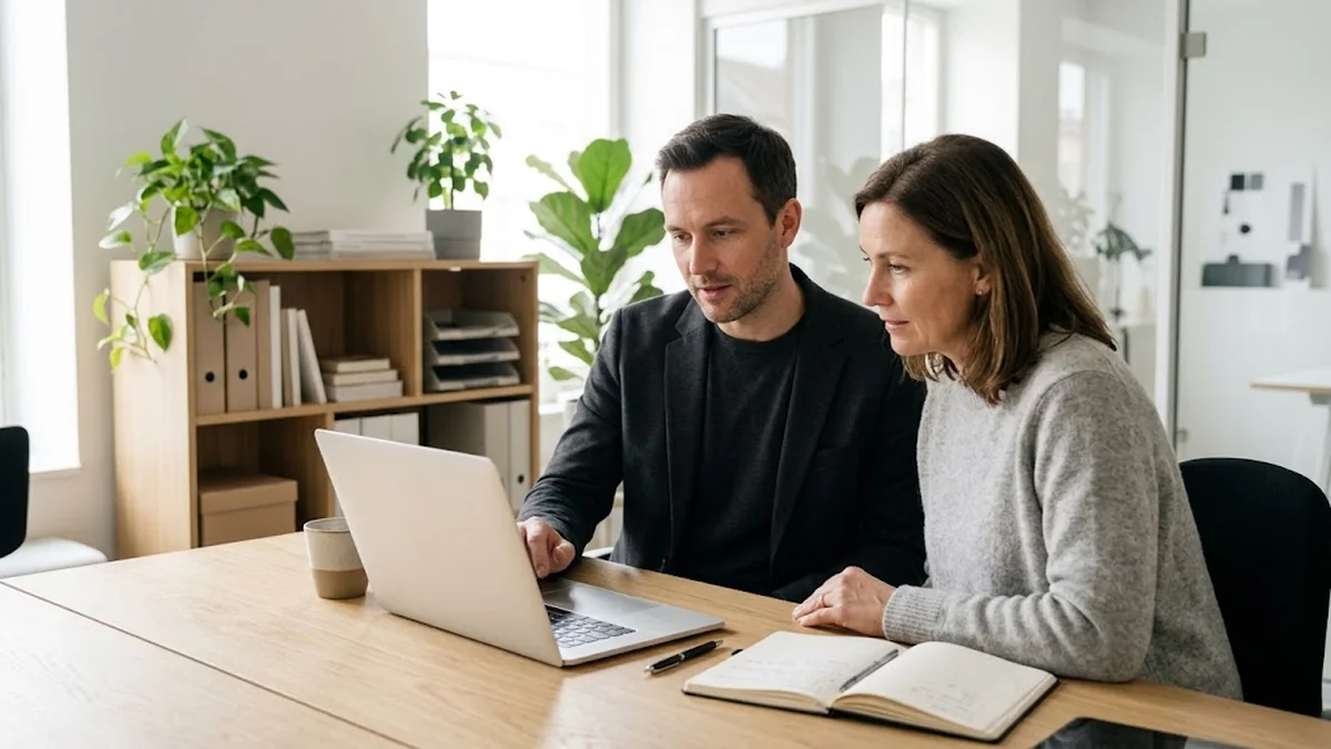 A man in a dark blazer and a woman in a grey sweater working side by side at a laptop on an oak table with an open notebook in a bright office, illustrating the collaborative leadership style of leading people you do not control