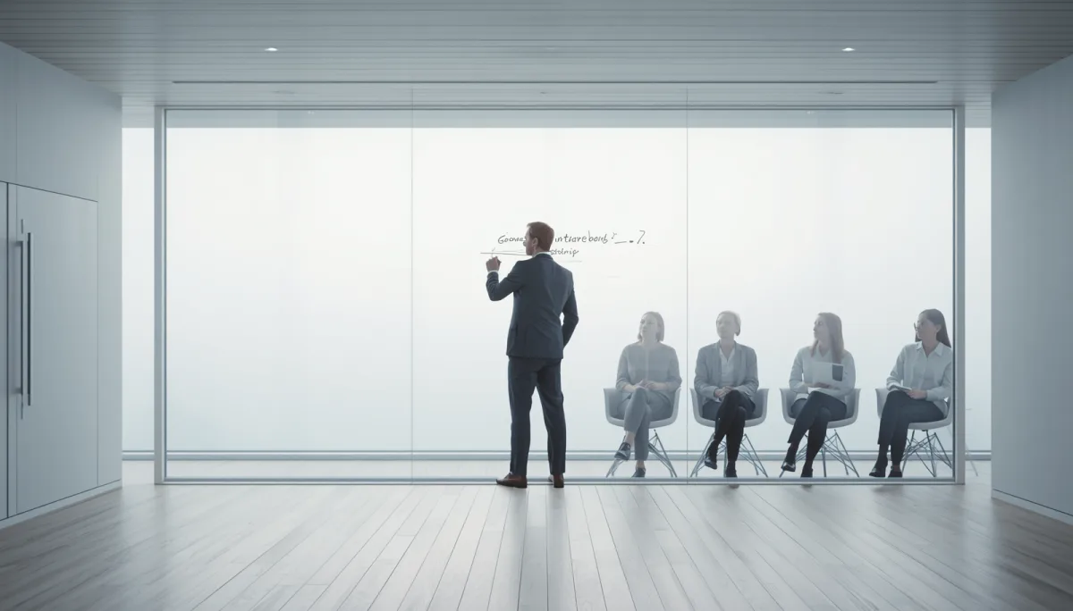 Nordic man writing notes on a glass wall while three colleagues watch seated in a bright minimalist office, weighing consensus decision-making