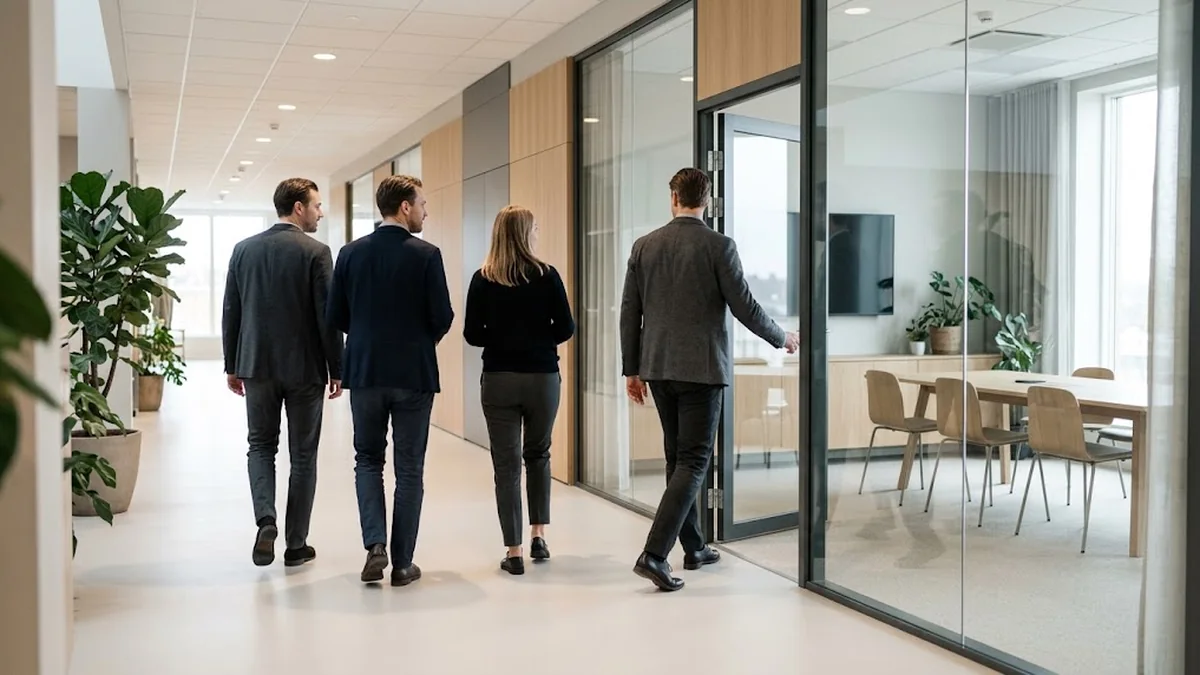 Four executives seen from behind walking down a bright office corridor as one of them opens the glass door of a meeting room, illustrating the criteria for selecting executives for peer groups and who gets a seat in the room