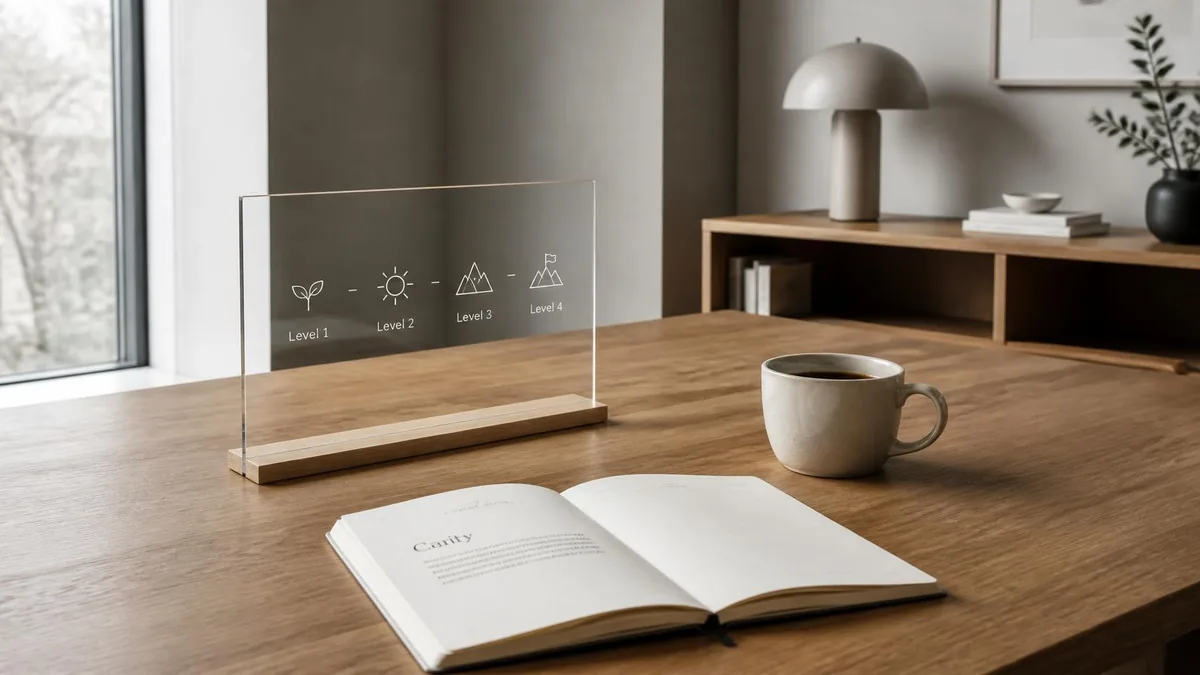 A clear acrylic desk sign engraved with four icons labelled Level 1 to Level 4, beside an open notebook and a coffee cup on an oak desk, illustrating the four levels of the accountability ladder in a culture of accountability