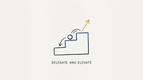 Hand-drawn navy line illustration of a ball being handed down a staircase while an orange arrow rises from the top step, with the caption Delegate and Elevate