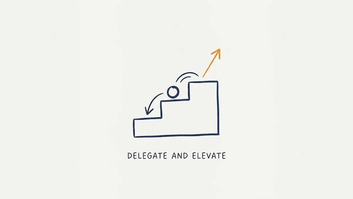 Hand-drawn navy line illustration of a ball being handed down a staircase while an orange arrow rises from the top step, with the caption Delegate and Elevate