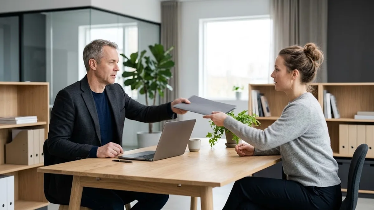 A manager in a dark blazer handing a grey folder across an oak desk to a colleague in a grey sweater in a bright office, illustrating the delegating leadership style and handing over ownership of an outcome