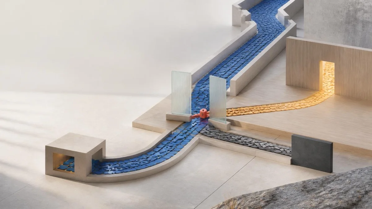 Abstract architectural render of a blue mosaic channel branching at a red valve, one path turning gold toward a lit doorway, symbolizing delegation of trust, autonomy, and output in the age of AI