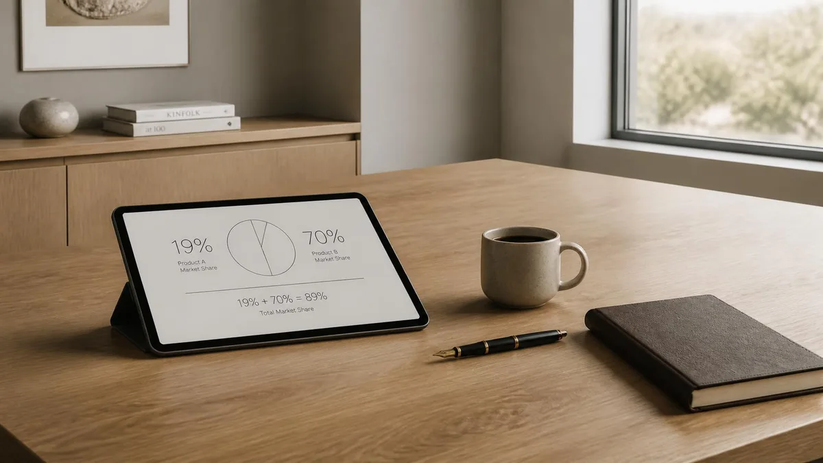 A tablet on an oak desk showing 19% and 70% beside a simple pie chart, with a coffee mug, a fountain pen and a leather notebook, illustrating delegation statistics for 2026 read at source