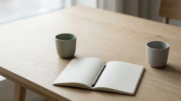 An open blank notebook with a pen across it between two ceramic cups on a pale oak table, illustrating a manager preparing scripts and examples for a difficult conversation