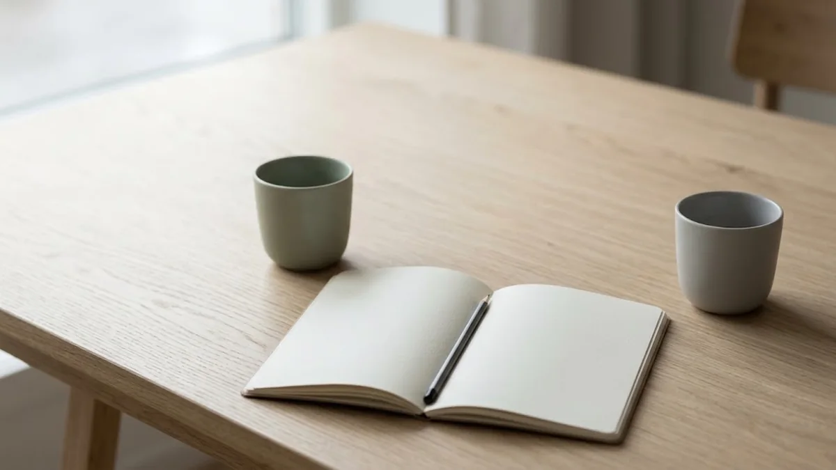 An open blank notebook with a pen across it between two ceramic cups on a pale oak table, illustrating a manager preparing scripts and examples for a difficult conversation