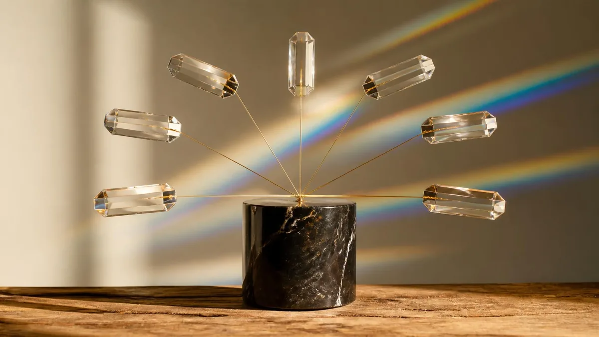 Seven clear crystal prisms fanned out on thin brass rods from one black marble base, catching sunlight and casting rainbows on the wall, illustrating a manager and the direct reports in their span of control
