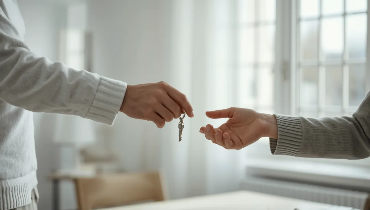 One hand passing a single key to another's open hand in a bright minimalist Scandinavian office, symbolizing giving employees real ownership
