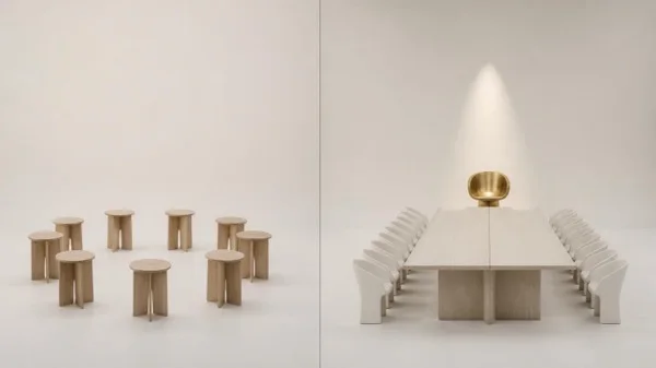 Split composition contrasting EO's Forum model, a circle of equal stools with no head, against Vistage's Chair model, a table led by a single brass chair