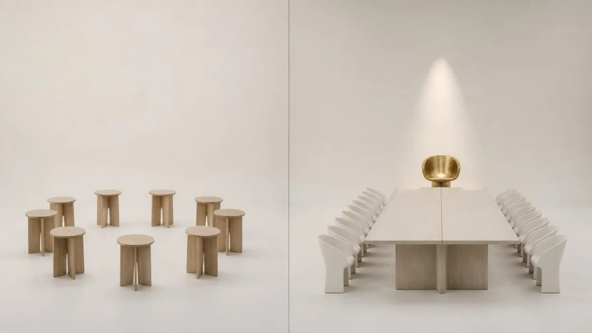 Split composition contrasting EO's Forum model, a circle of equal stools with no head, against Vistage's Chair model, a table led by a single brass chair