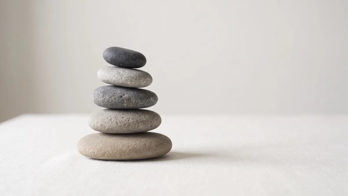 A balanced cairn of five smooth stacked stones on pale linen, representing the range of EOS alternatives such as Scaling Up, Pinnacle, System and Soul, Metronomics, 4DX, OKRs and building your own