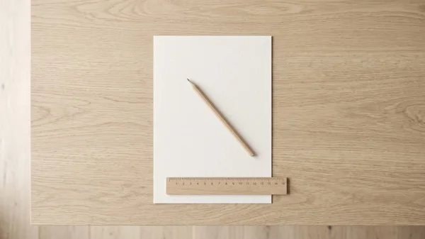 A blank sheet of paper with a wooden pencil and a ruler on a pale oak desk viewed from above, illustrating working out the real cost math of an EOS Implementer