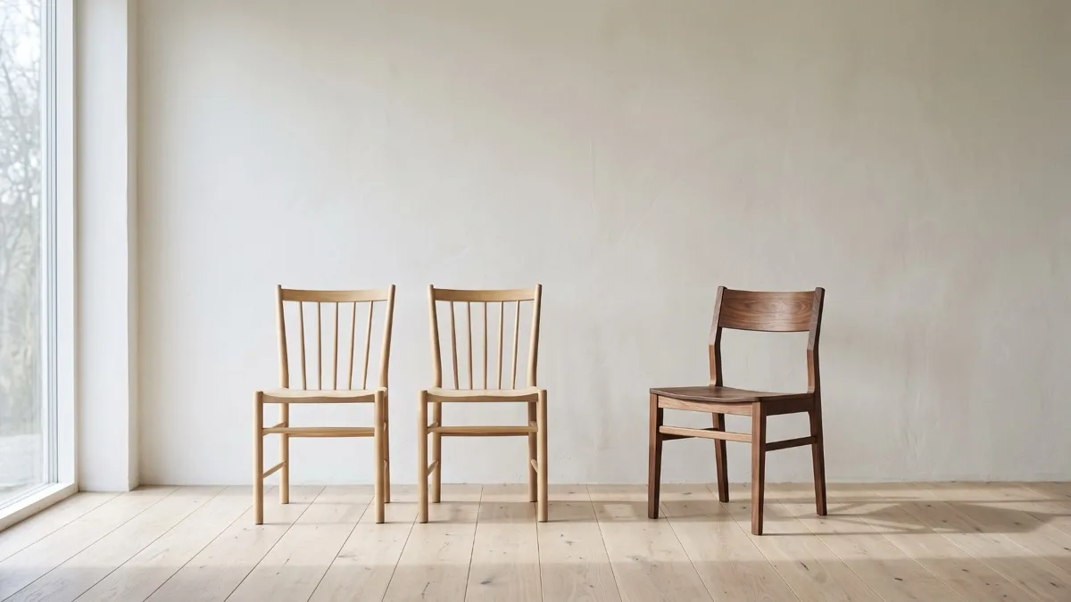 Three wooden chairs in a bright minimalist room, two matching pale oak chairs and one distinct walnut chair set apart, representing the choice between an EOS Implementer, a business coach and an executive coach