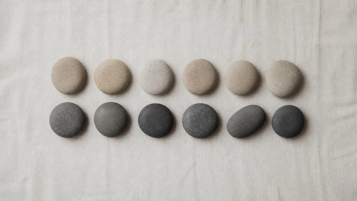 Twelve smooth stones on natural linen in two rows, six pale and six dark, representing the pros and cons of running a company on the EOS Traction system