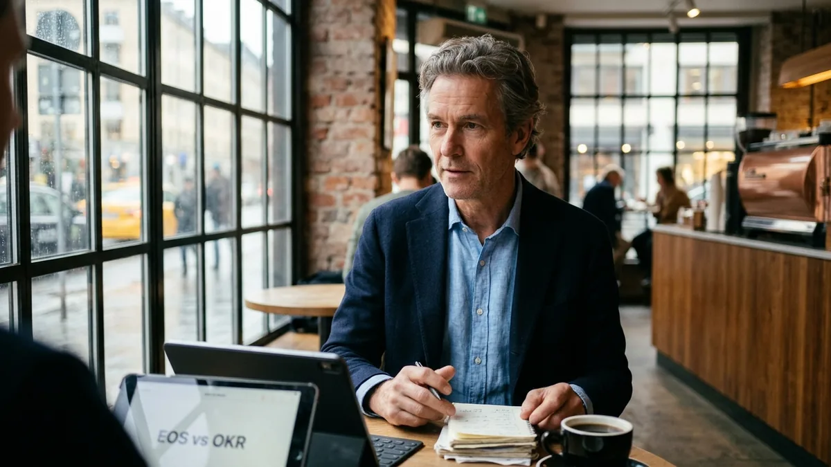 A business leader in a navy blazer taking notes at a cafe table by a rainy window, across from a colleague whose tablet reads EOS vs OKR, illustrating a CEO weighing Rocks against key results