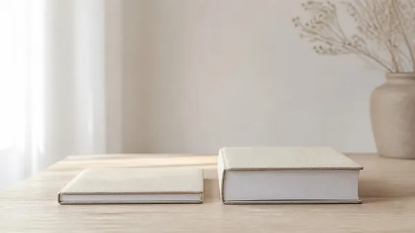 A thin linen-bound book beside a much thicker one on a pale oak table in soft window light, illustrating EOS vs Scaling Up as the simpler and the more detailed business operating system