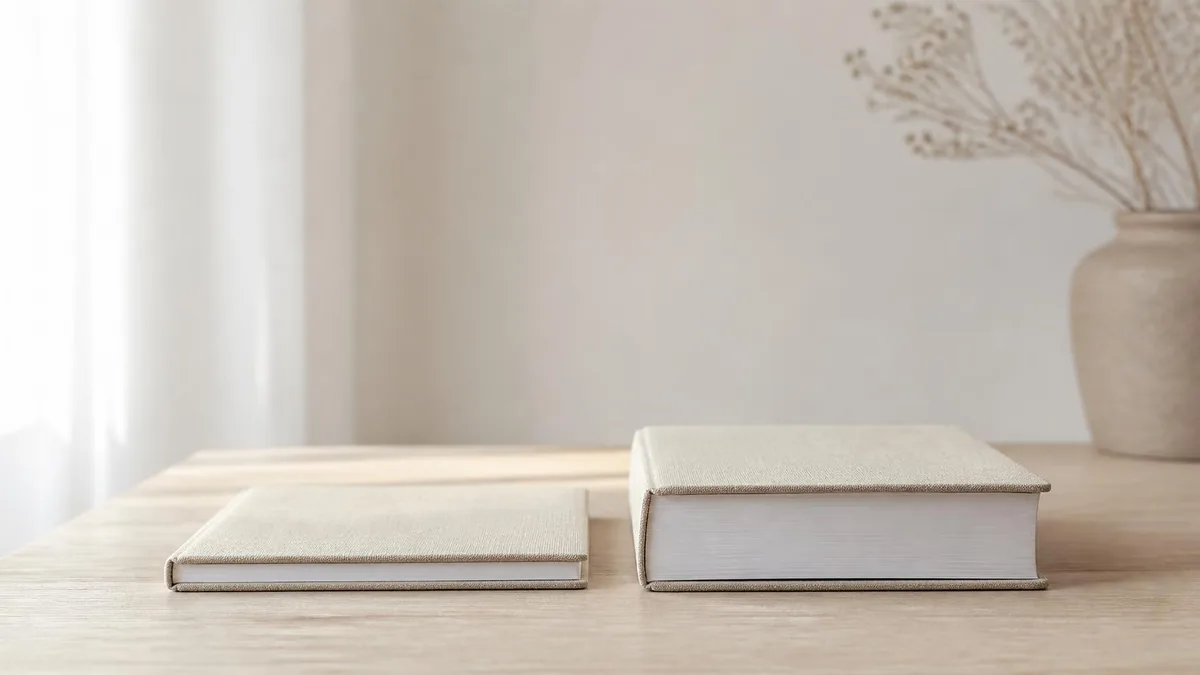 A thin linen-bound book beside a much thicker one on a pale oak table in soft window light, illustrating EOS vs Scaling Up as the simpler and the more detailed business operating system