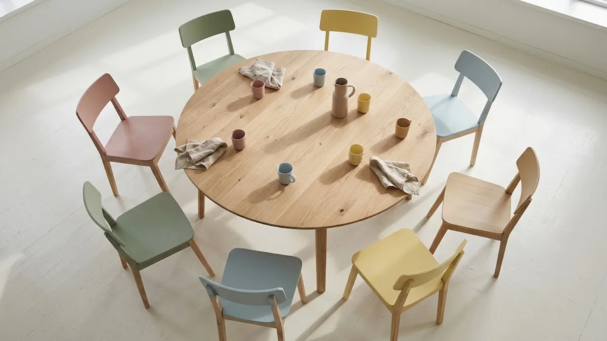 Eight pastel chairs in pink, sage, yellow, blue and natural oak set around a round oak table with cups and a jug, seen from above, illustrating executive peer groups meeting as equals around one table