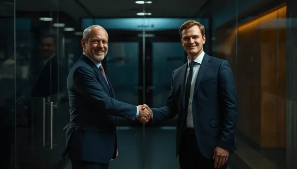 Two businessmen in suits smiling and shaking hands in a modern glass office, representing an executive presence coaching partnership