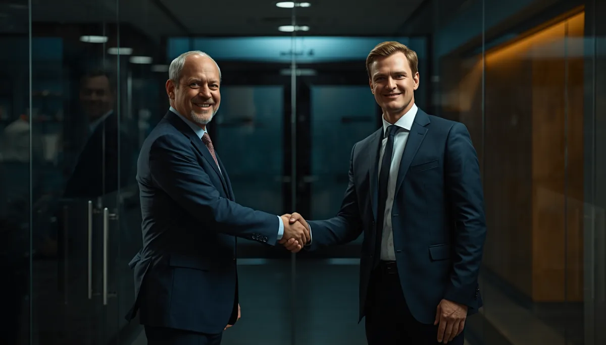 Two businessmen in suits smiling and shaking hands in a modern glass office, representing an executive presence coaching partnership