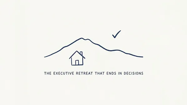 Hand-drawn navy line illustration of a small cabin at the foot of a mountain with a check mark above the ridge and the caption The Executive Retreat That Ends in Decisions