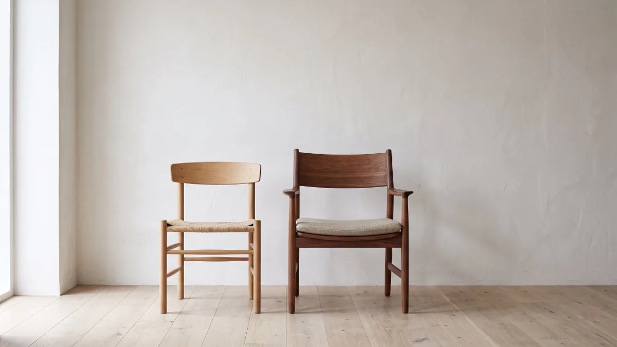 A simple oak dining chair beside a larger cushioned walnut armchair in a bright minimalist room, illustrating the step up to a bigger seat in executive transition coaching