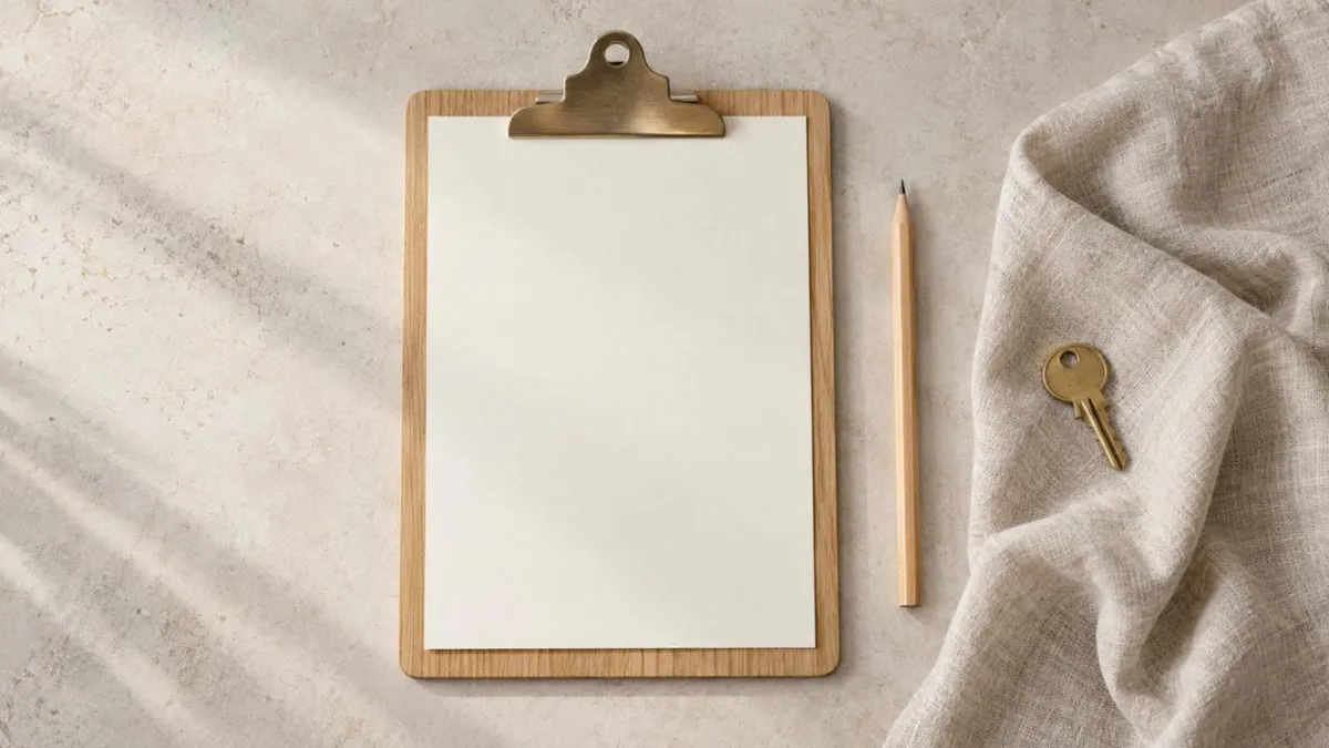 A clipboard with a ruled checklist beside a closed ledger and a set of office keys on a walnut desk, illustrating an exit readiness checklist