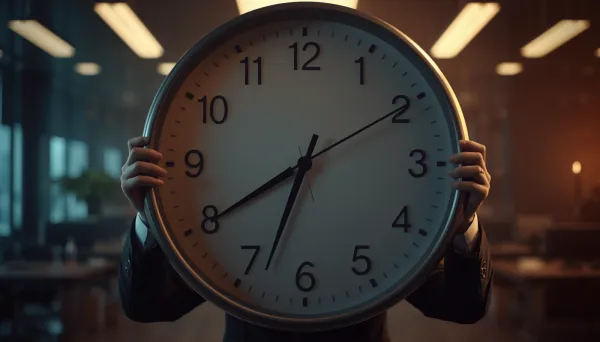 Professional holding a large office clock over their face, symbolizing the 30-minute standard for a first one-on-one meeting