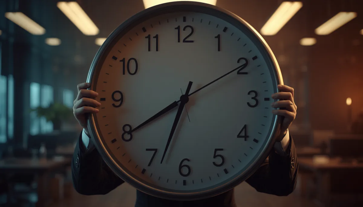 Professional holding a large office clock over their face, symbolizing the 30-minute standard for a first one-on-one meeting