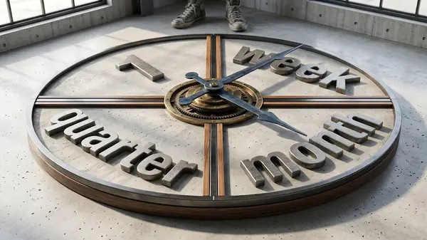 A large clock face set into a concrete floor with the words 1 week, month and quarter in raised letters around a brass gear hub, illustrating a first-time manager checklist for week 1, month 1 and quarter 1
