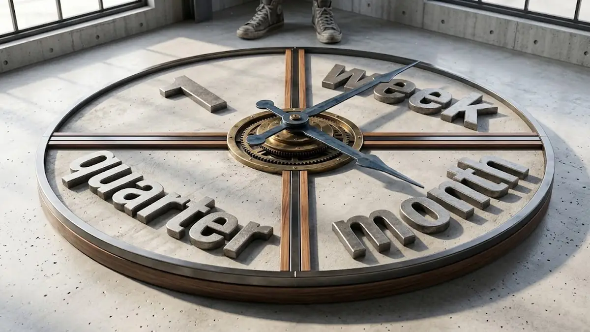 A large clock face set into a concrete floor with the words 1 week, month and quarter in raised letters around a brass gear hub, illustrating a first-time manager checklist for week 1, month 1 and quarter 1