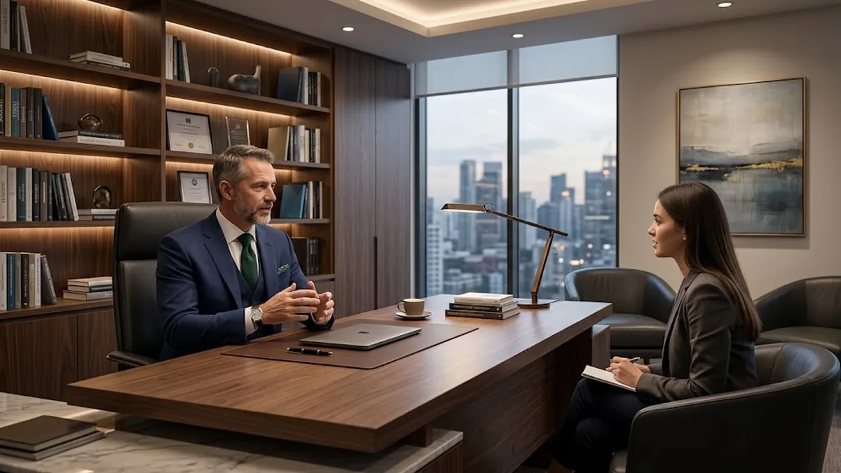 A senior executive in a navy suit talking across a walnut desk to a young manager taking notes in a corner office with a city skyline behind them, illustrating a mentor walking a new manager through first-time manager mistakes