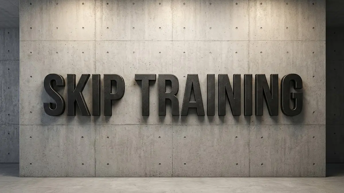The words Skip Training in large dark metal letters mounted on a bare concrete wall, illustrating which first-time manager training works and which to skip