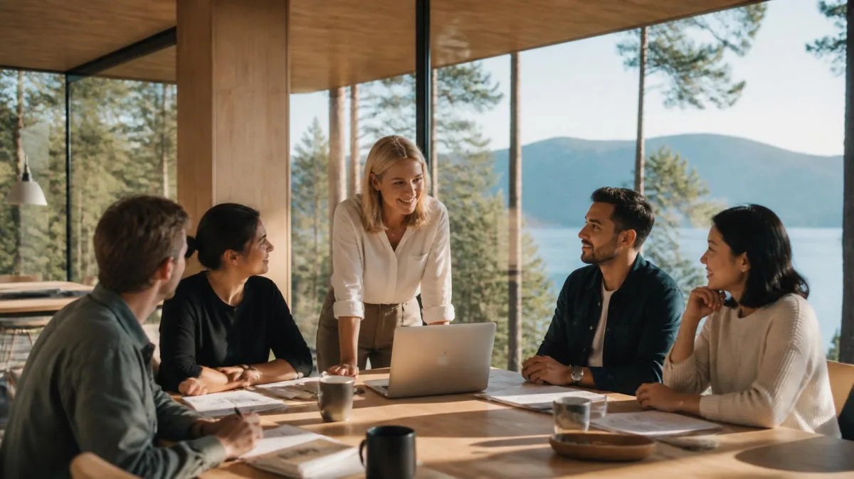 Nordic woman leader collaborating with a diverse team in a wooden lakeside office with forest views, illustrating a flat organizational structure
