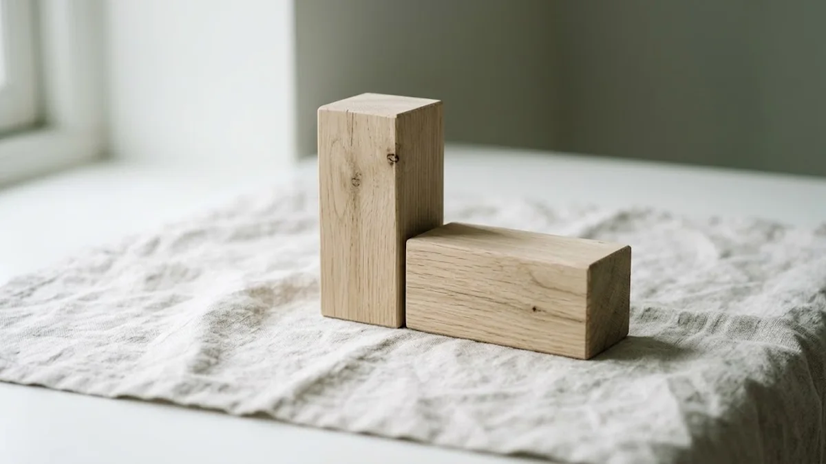Two pale oak blocks of the same size on a linen cloth, one standing upright and one lying on its side against it, illustrating followership vs leadership as two roles a CEO needs to hold