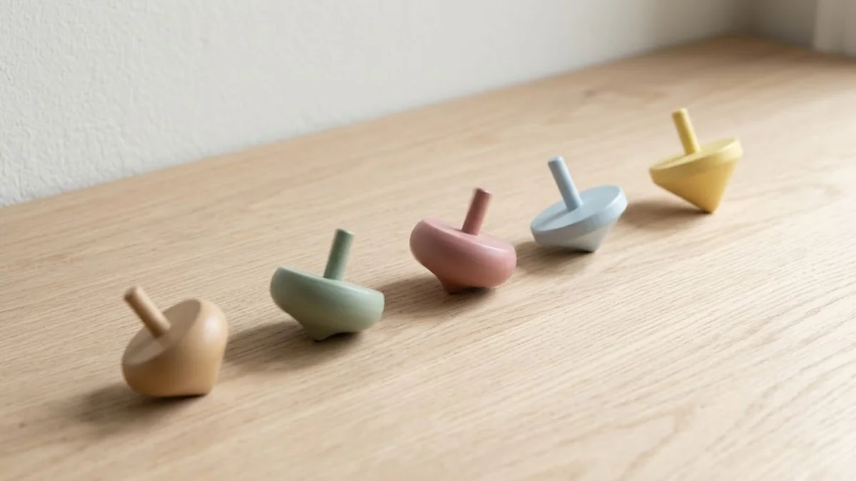 Five small wooden spinning tops in natural, sage, pink, blue and yellow resting in a diagonal line on a pale oak table, illustrating followership and the different ways people follow a leader