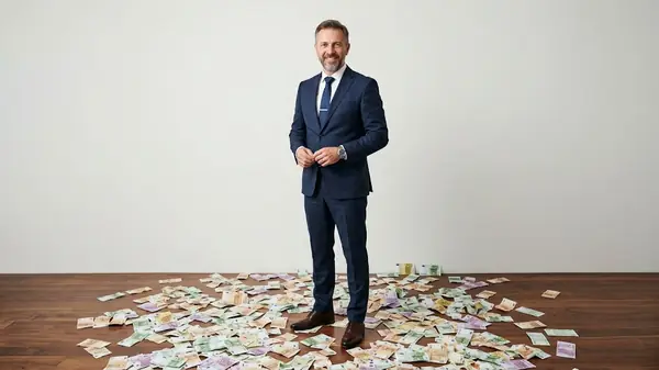 A smiling businessman in a navy suit standing on a wooden floor scattered with euro banknotes, illustrating what founder coaching costs and what it returns